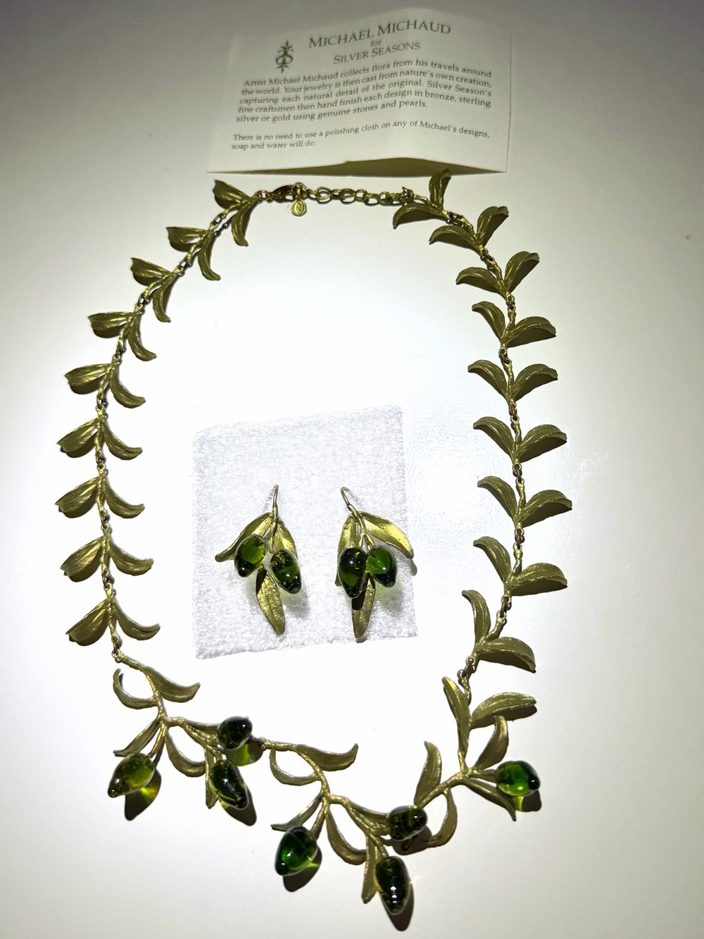 Michael Michaud Silver Seasons Green Spanish Olive Necklace & Earrings bronze